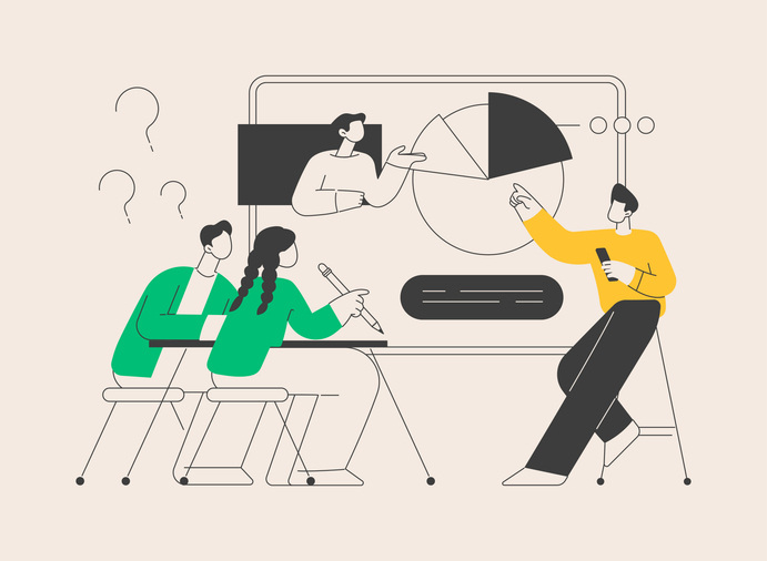 Vector illustration of a group of people engaged with technology, analyzing digital data