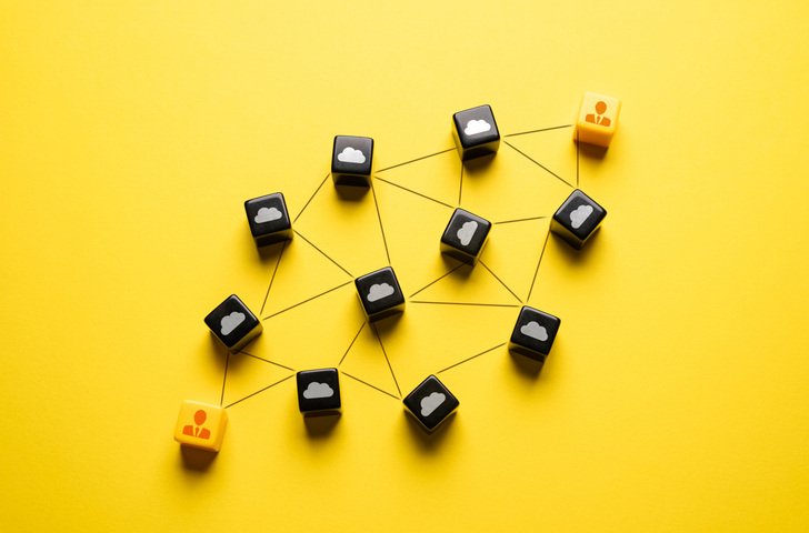 Communication channel connection of blocks on yellow background